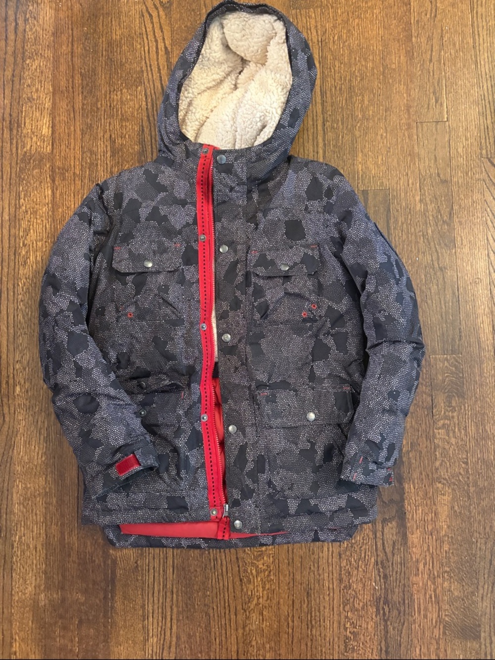Lands End Kids Insulated Hooded Winter Jacket in Gray with Red Zipper Size 10-12
